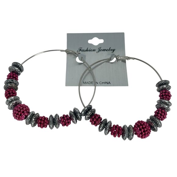 Silver Tone Bead Hoop Earrings Disc Style Boho Fashion Trendy Statement NWT - Picture 4 of 9